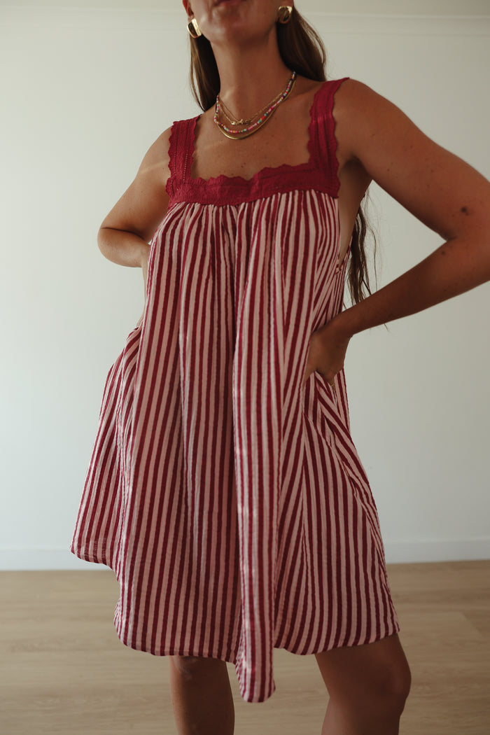 LADIES JUNO LACE NECK MINI DRESS - PINK & WINE STRIPE