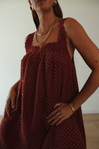 LADIES JUNO LACE NECK MINI DRESS - CHOCOLATE WITH BLUE POLKA DOTS