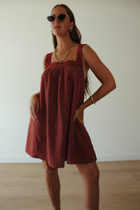 LADIES JUNO LACE NECK MINI DRESS - CHOCOLATE WITH BLUE POLKA DOTS