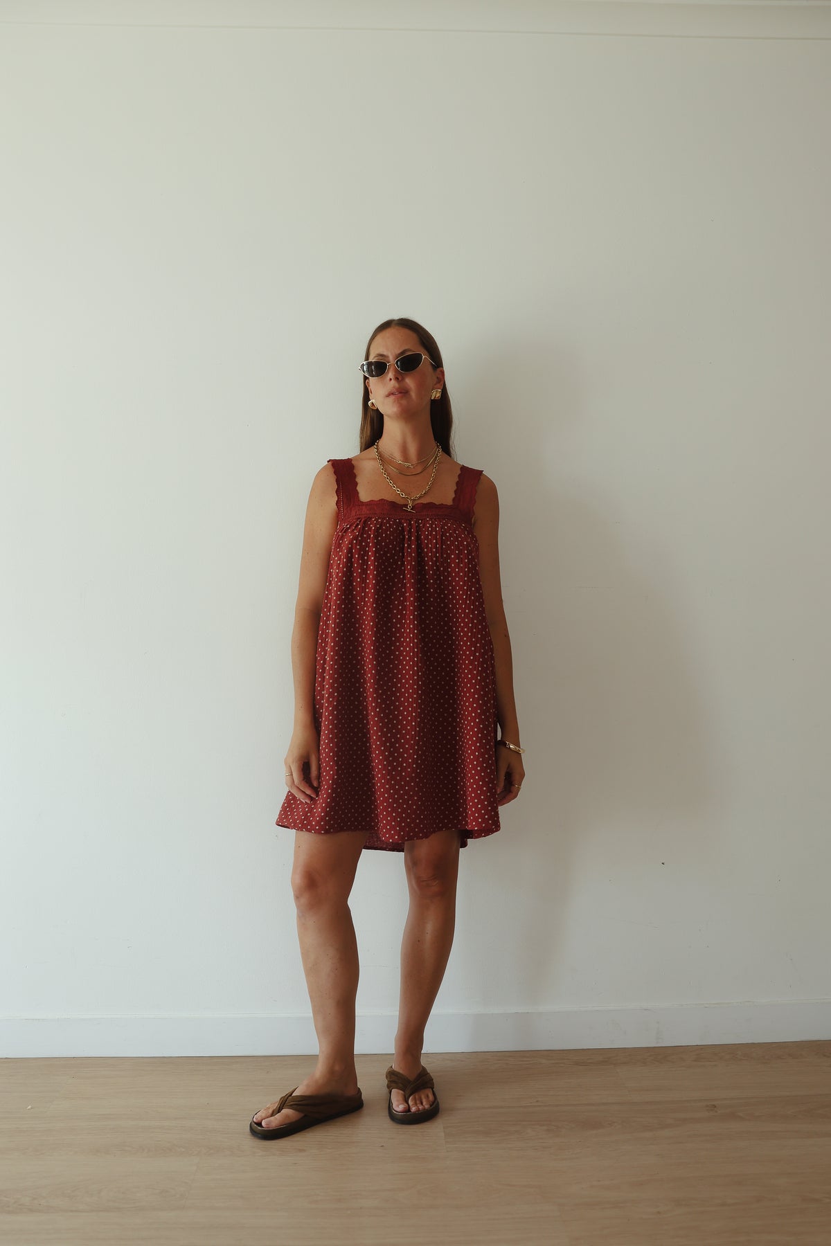 LADIES JUNO LACE NECK MINI DRESS - CHOCOLATE WITH BLUE POLKA DOTS