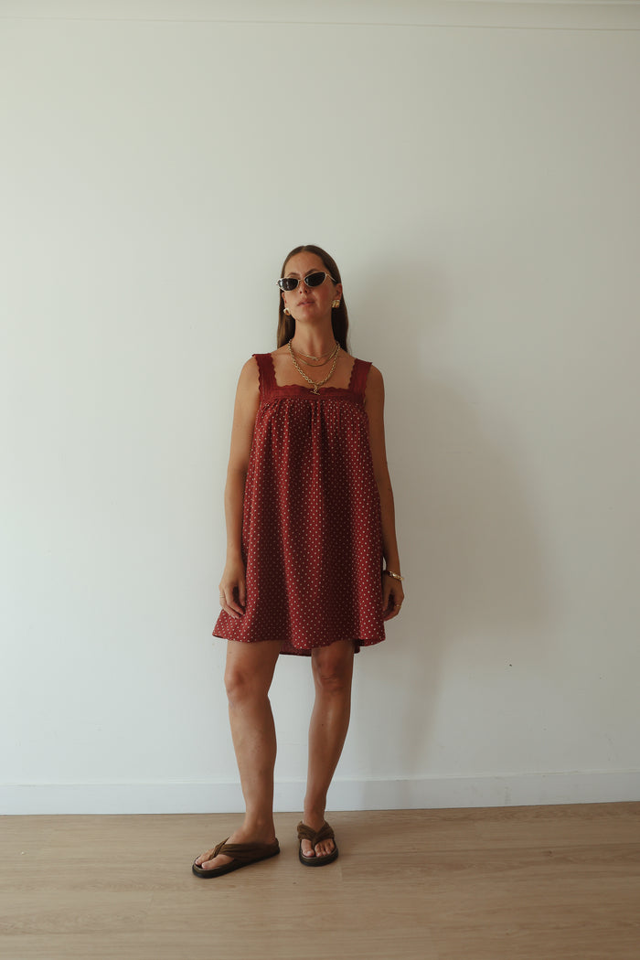 LADIES JUNO LACE NECK MINI DRESS - CHOCOLATE WITH BLUE POLKA DOTS