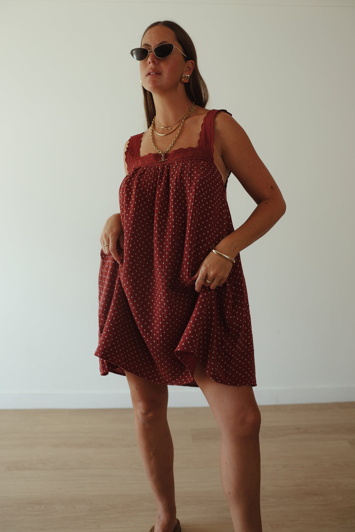 LADIES JUNO LACE NECK MINI DRESS - CHOCOLATE WITH BLUE POLKA DOTS