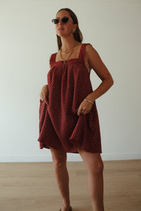 LADIES JUNO LACE NECK MINI DRESS - CHOCOLATE WITH BLUE POLKA DOTS