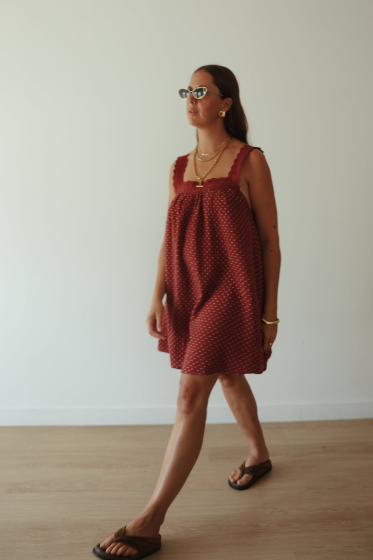 LADIES JUNO LACE NECK MINI DRESS - CHOCOLATE WITH BLUE POLKA DOTS