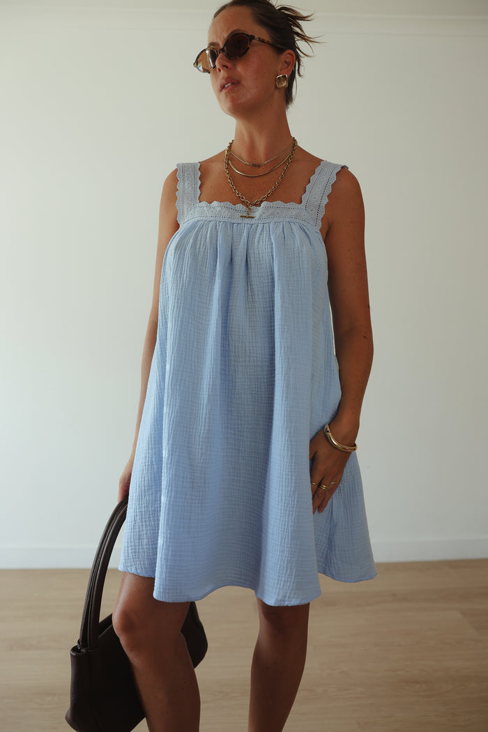 PRE ORDER LADIES JUNO LACE NECK MINI DRESS - BABY BLUE