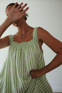 PRE ORDER - LADIES JUNO LACE NECK MINI DRESS - GREEN STRIPE