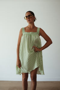 PRE ORDER - LADIES JUNO LACE NECK MINI DRESS - GREEN STRIPE