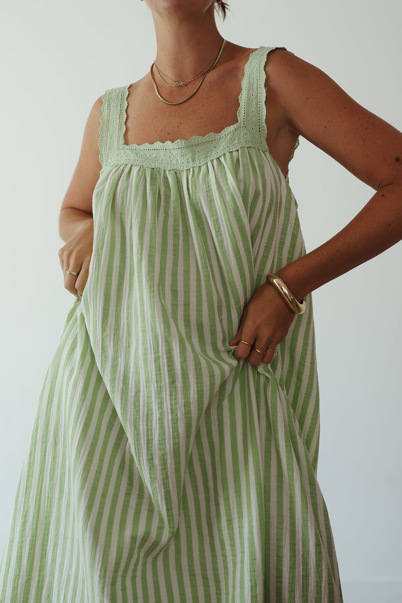 PRE ORDER - LADIES JUNO LACE NECK SLIP DRESS - GREEN STRIPE