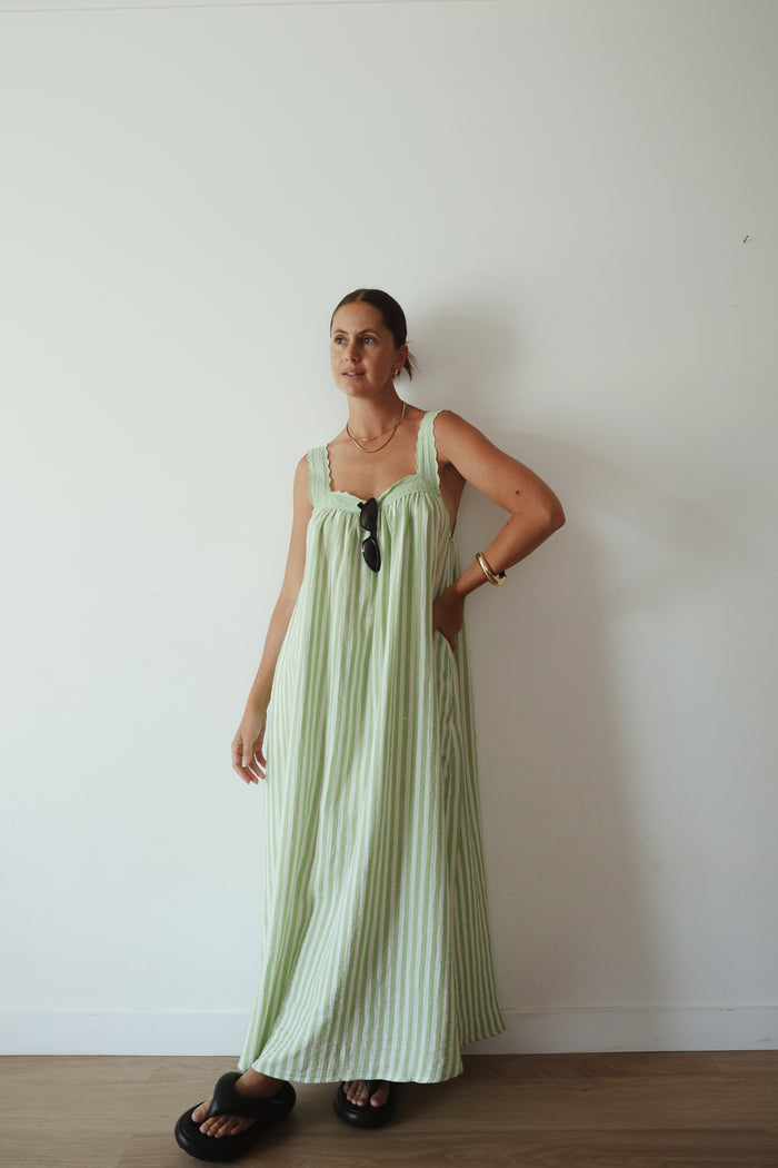 PRE ORDER - LADIES JUNO LACE NECK SLIP DRESS - GREEN STRIPE