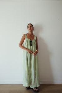 PRE ORDER - LADIES JUNO LACE NECK SLIP DRESS - GREEN STRIPE