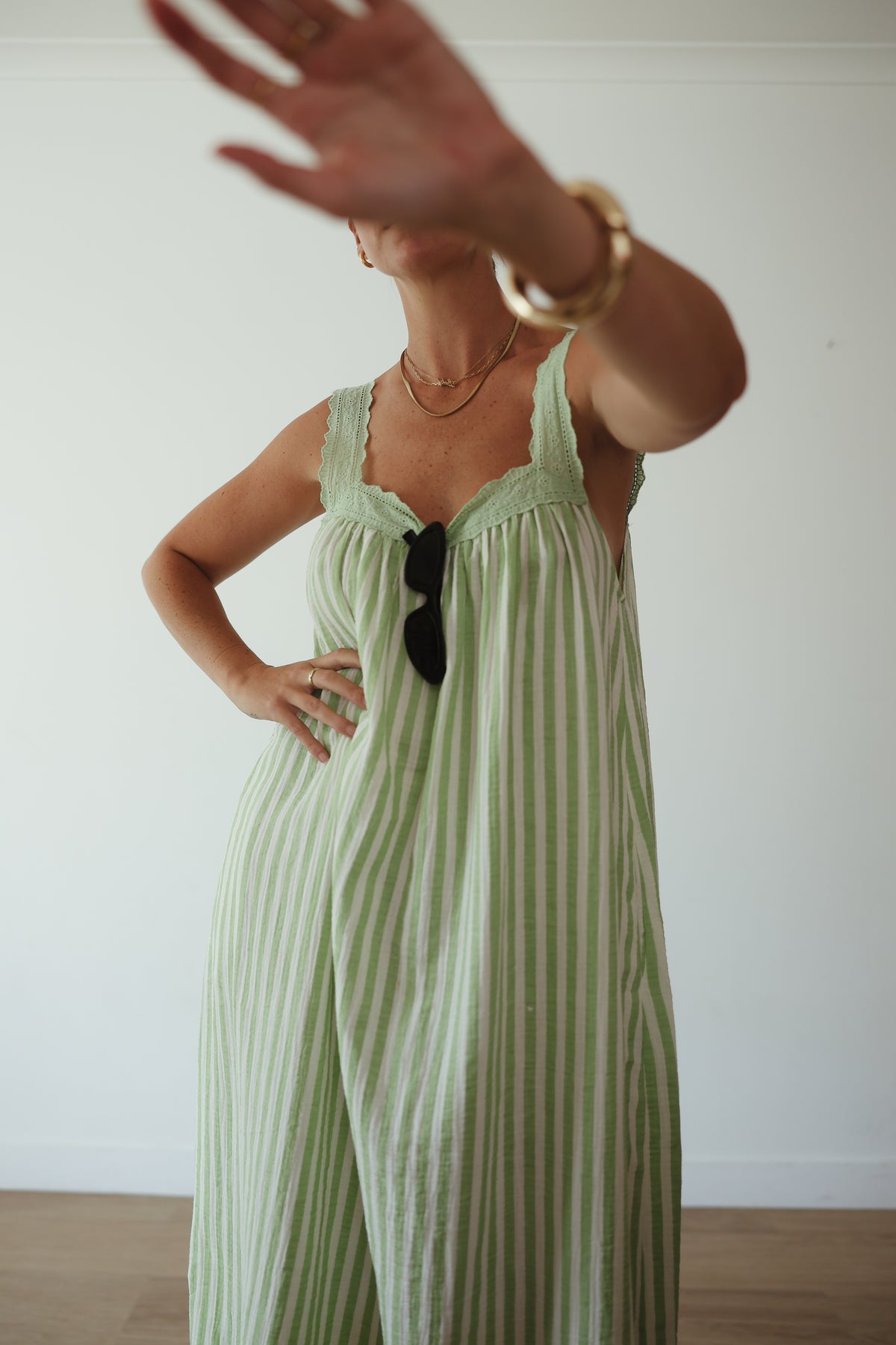 PRE ORDER - LADIES JUNO LACE NECK SLIP DRESS - GREEN STRIPE