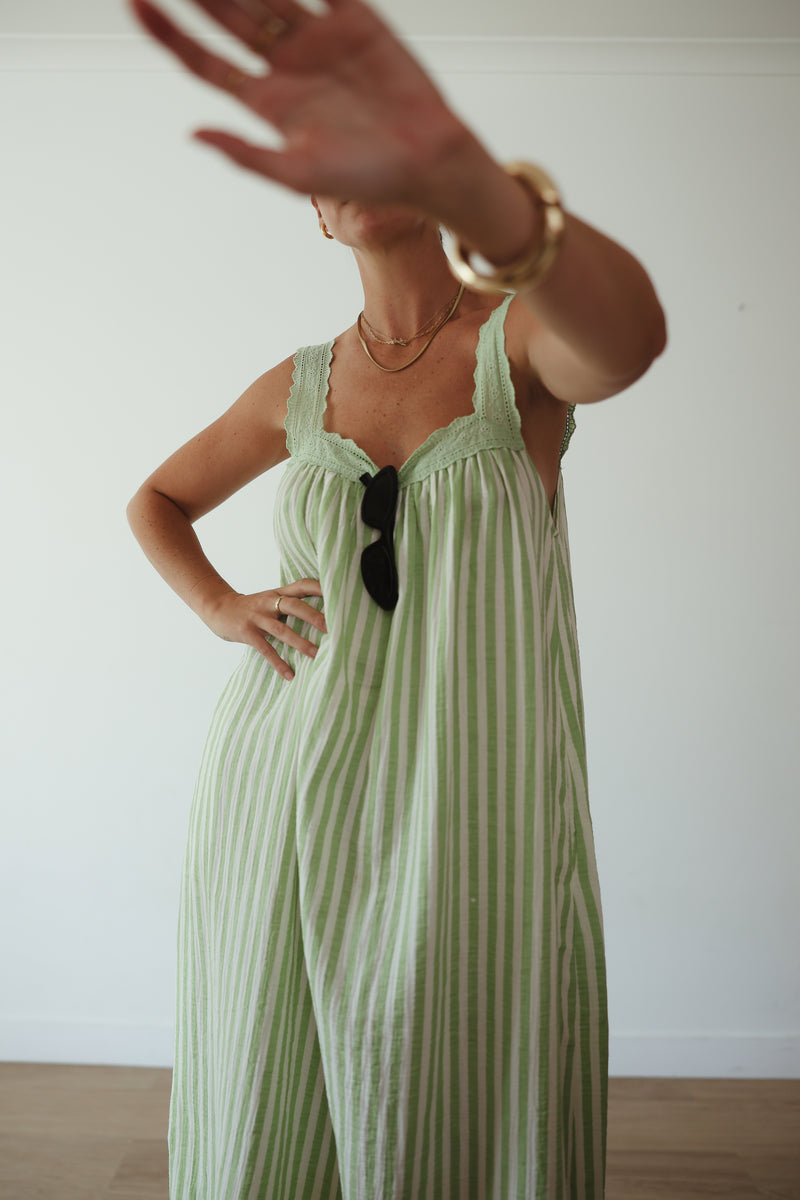 PRE ORDER - LADIES JUNO LACE NECK SLIP DRESS - GREEN STRIPE