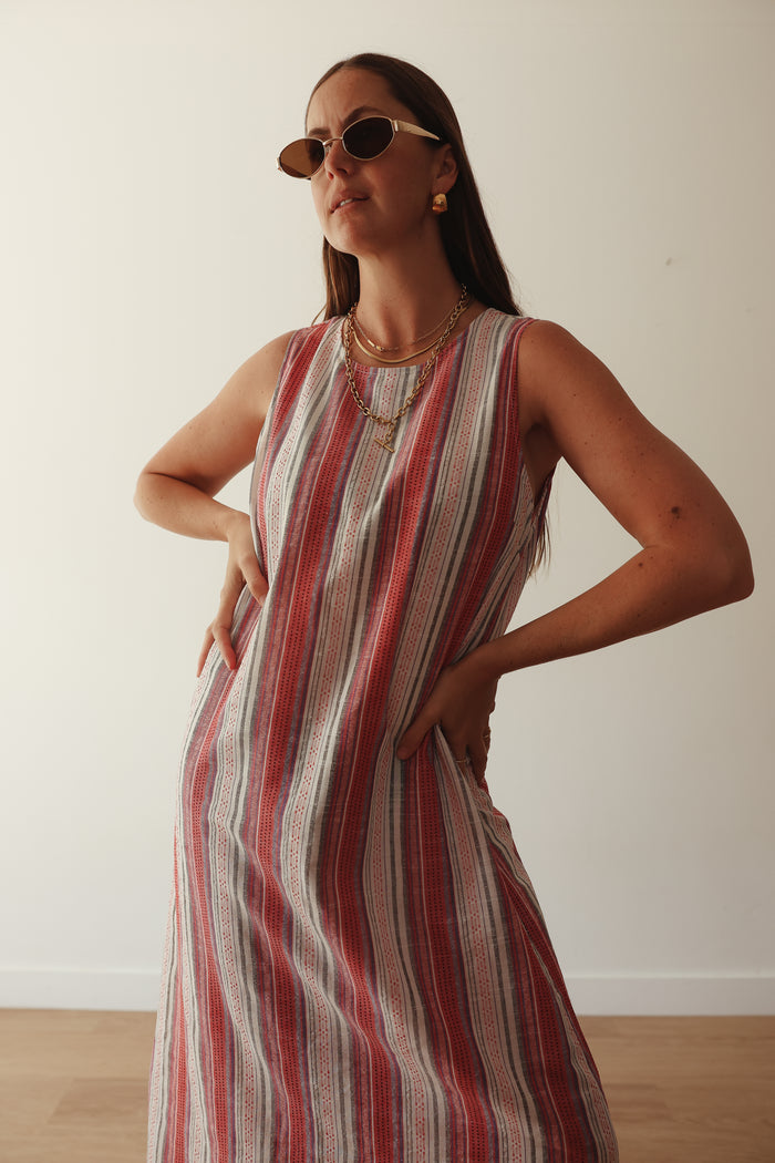 LADIES CALYPSO MIDI DRESS - RED STRIPE