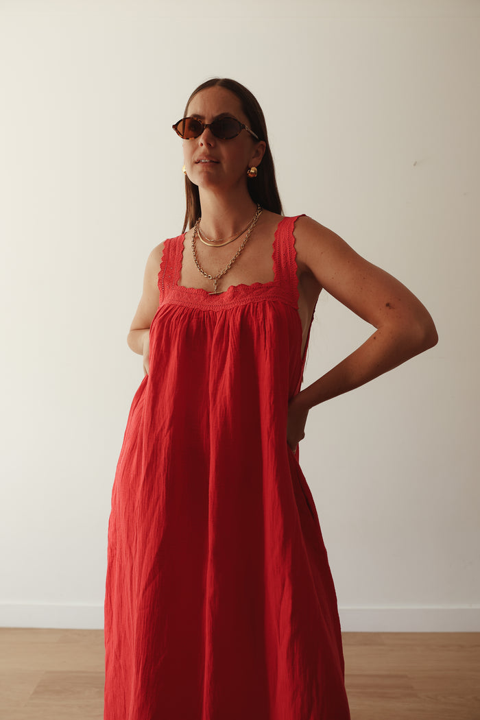 LADIES JUNO LACE NECK SLIP DRESS - RED