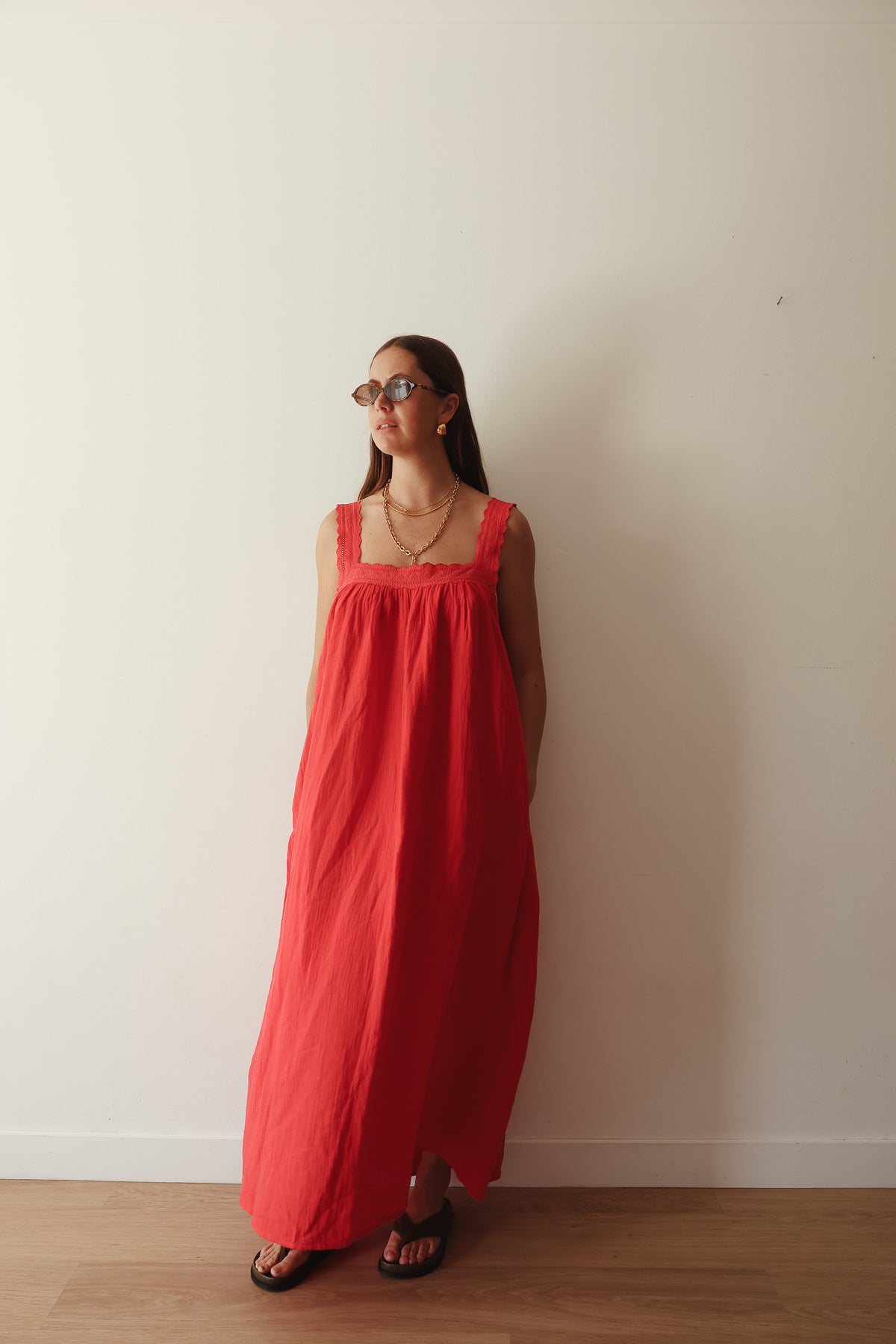 LADIES JUNO LACE NECK SLIP DRESS - RED