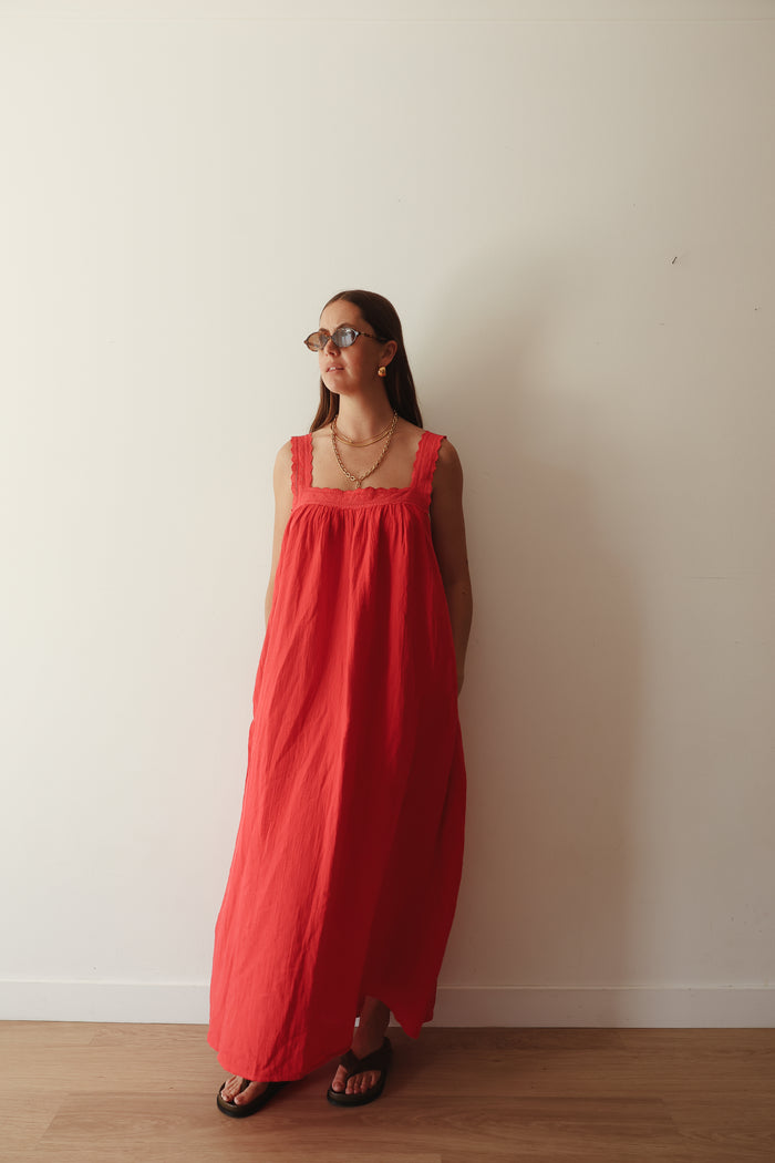 LADIES JUNO LACE NECK SLIP DRESS - RED