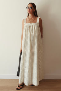 LADIES JUNO LACE NECK SLIP DRESS - OFF WHITE POLKA DOT