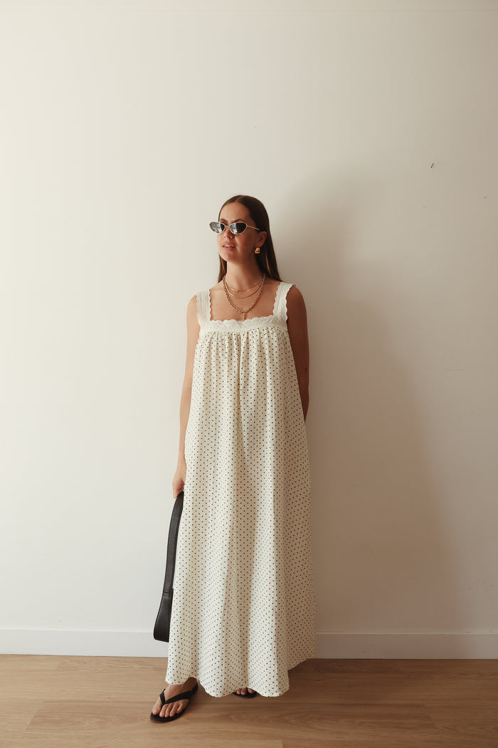 LADIES JUNO LACE NECK SLIP DRESS - OFF WHITE POLKA DOT