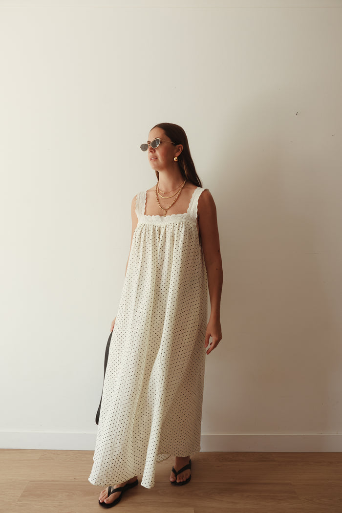 LADIES JUNO LACE NECK SLIP DRESS - OFF WHITE POLKA DOT