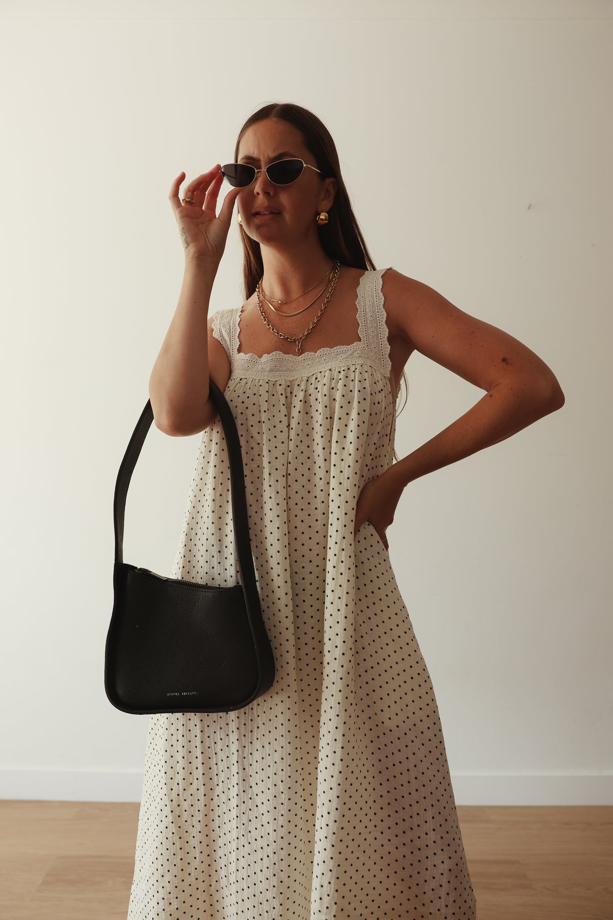 LADIES JUNO LACE NECK SLIP DRESS - OFF WHITE POLKA DOT