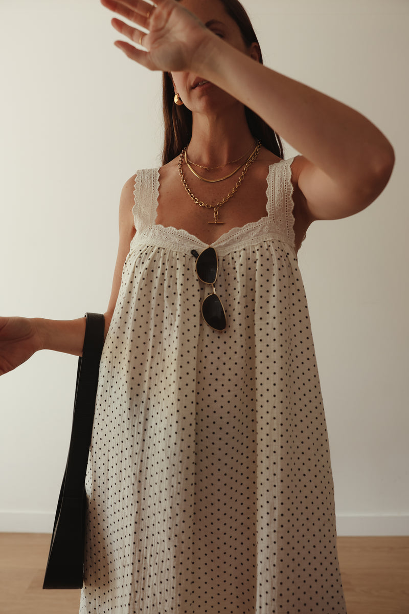 LADIES JUNO LACE NECK SLIP DRESS - OFF WHITE POLKA DOT