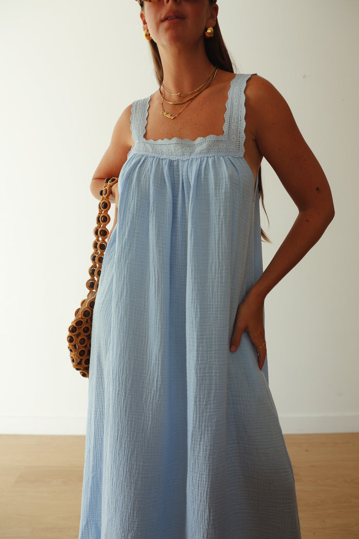 LADIES JUNO LACE NECK SLIP DRESS - BABY BLUE