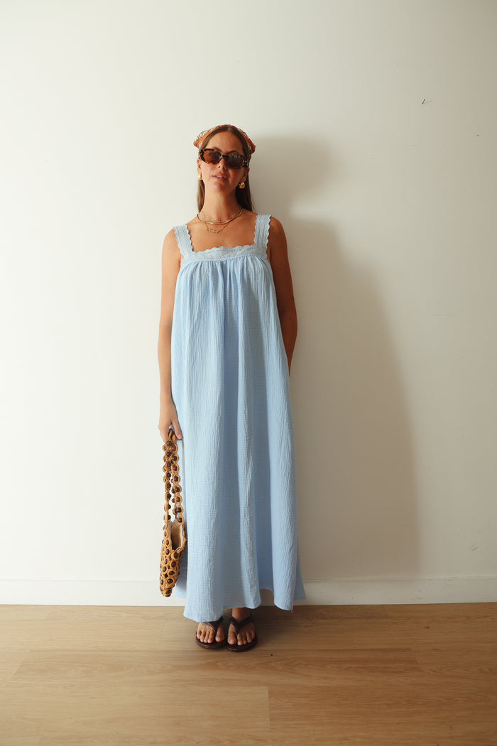 LADIES JUNO LACE NECK SLIP DRESS - BABY BLUE