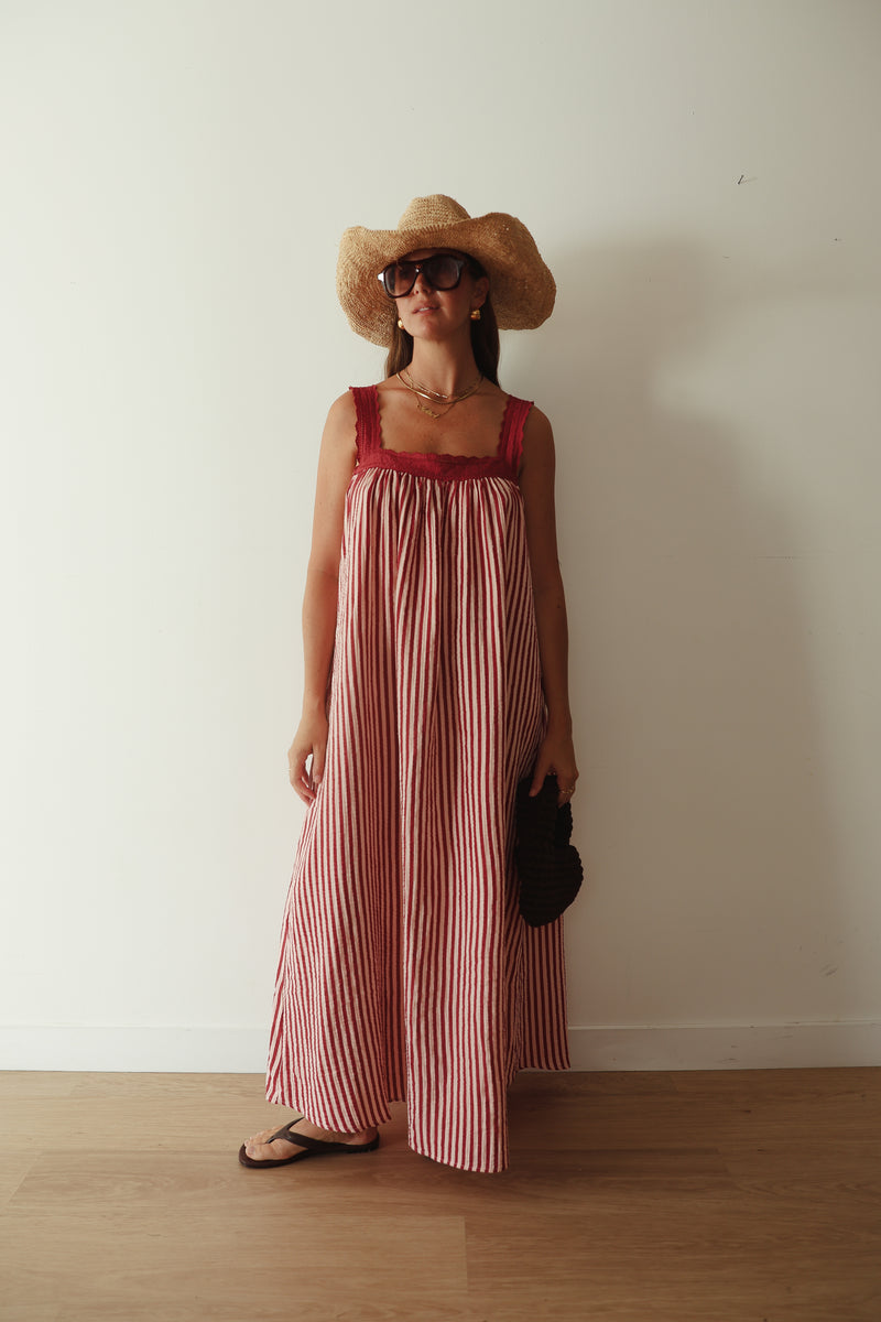LADIES JUNO LACE NECK SLIP DRESS -  PINK & WINE STRIPE