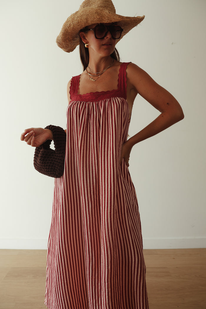 LADIES JUNO LACE NECK SLIP DRESS -  PINK & WINE STRIPE