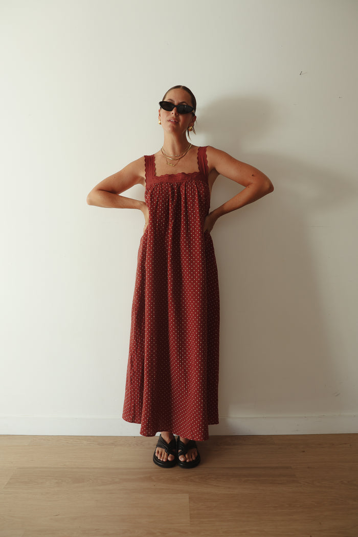 LADIES JUNO LACE NECK SLIP DRESS -  CHOCOLATE WITH BLUE POLKA DOTS