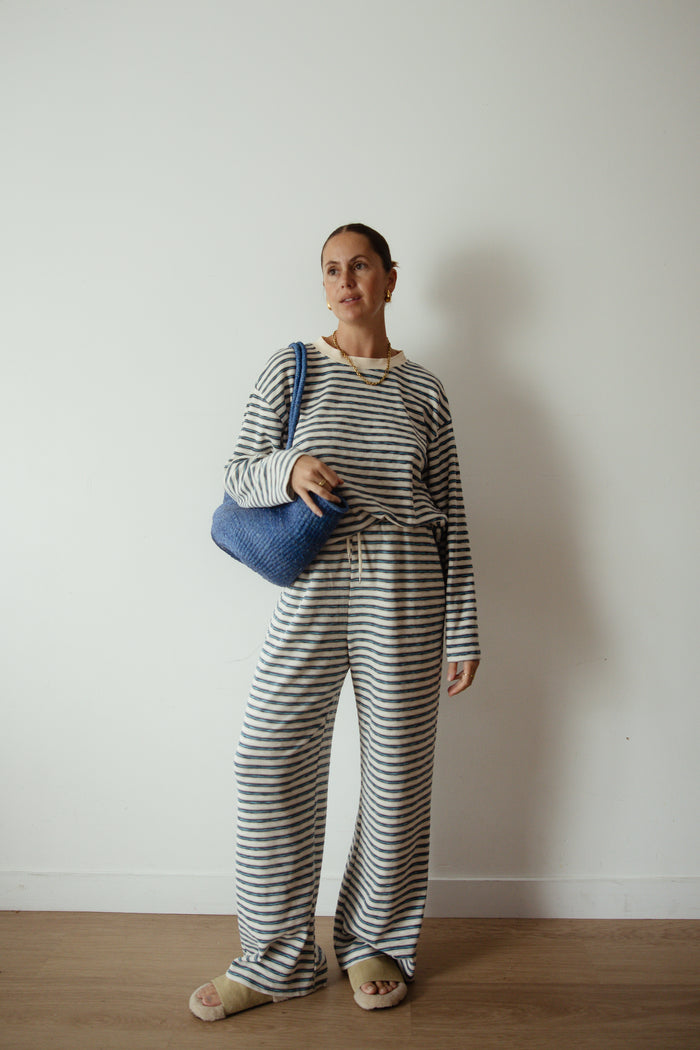 CASPIA WIDE LEG KNIT PANTS - BLUE STRIPE