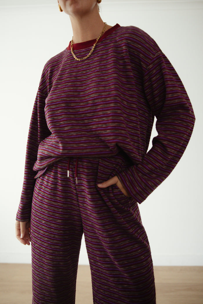 CASPIA WIDE LEG KNIT PANTS - PLUM STRIPE
