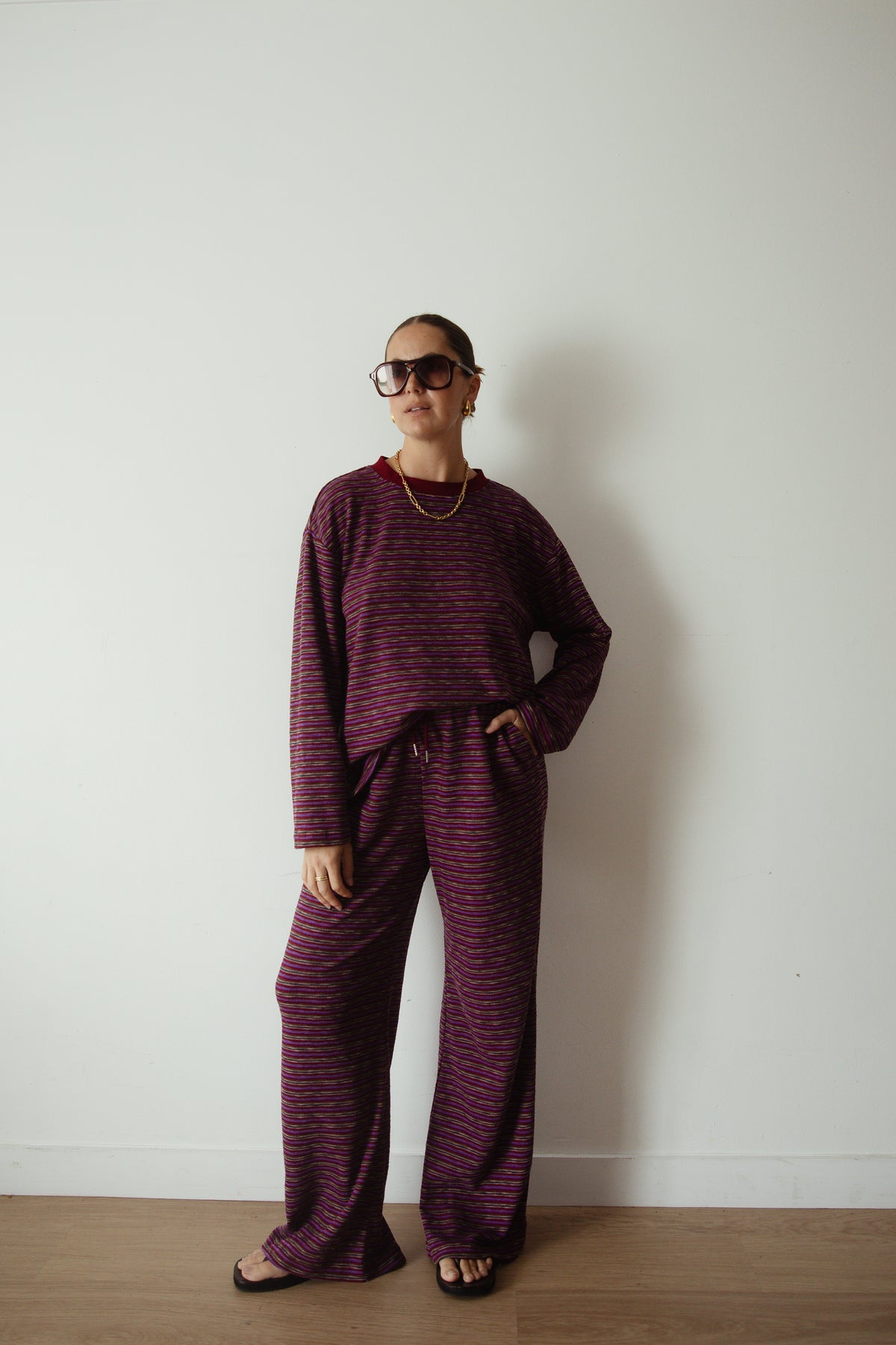CASPIA WIDE LEG KNIT PANTS - PLUM STRIPE