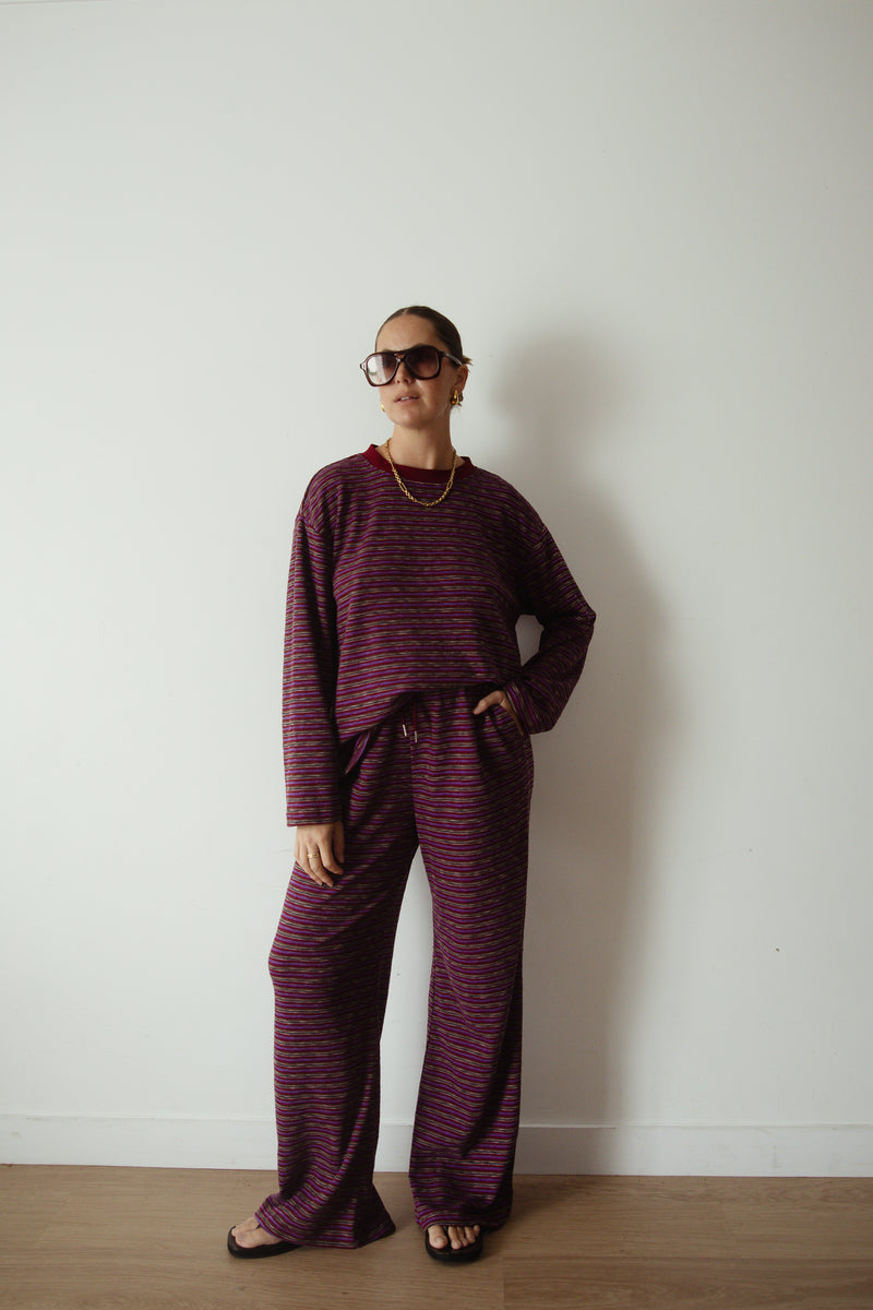 CASPIA LONG SLEEVE CREWNECK KNIT TOP - PLUM STRIPE