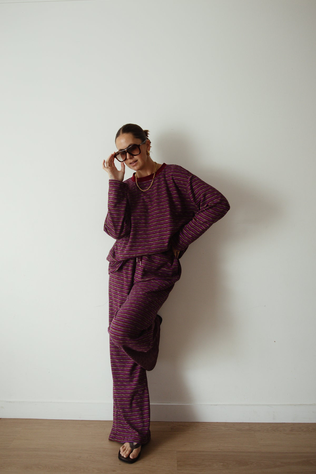 CASPIA WIDE LEG KNIT PANTS - PLUM STRIPE