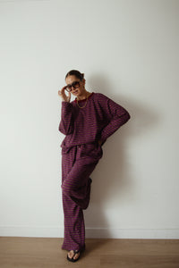 CASPIA WIDE LEG KNIT PANTS - PLUM STRIPE