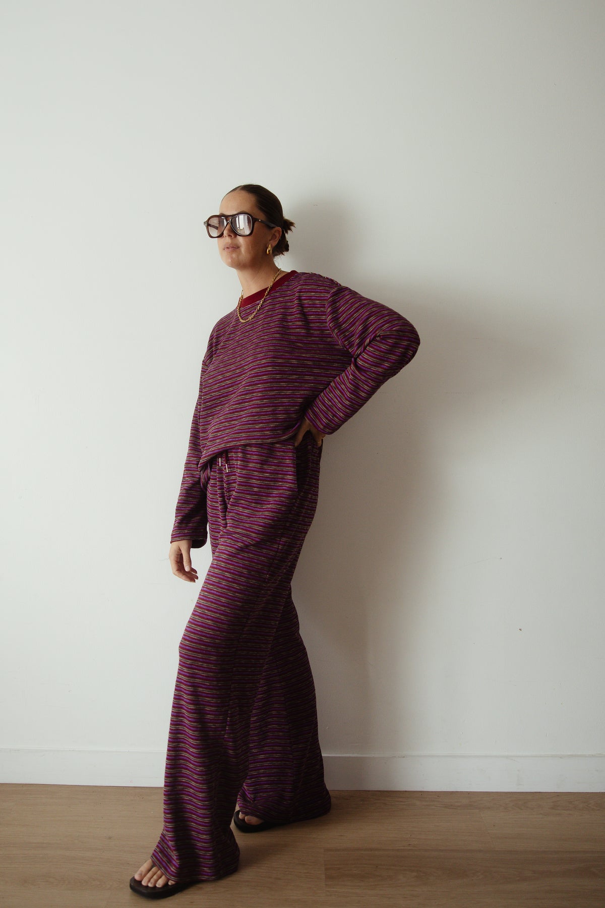 CASPIA WIDE LEG KNIT PANTS - PLUM STRIPE
