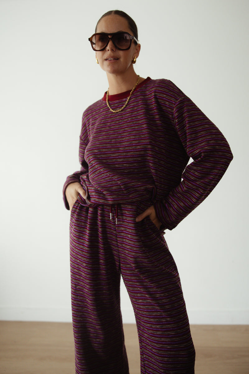 CASPIA WIDE LEG KNIT PANTS - PLUM STRIPE