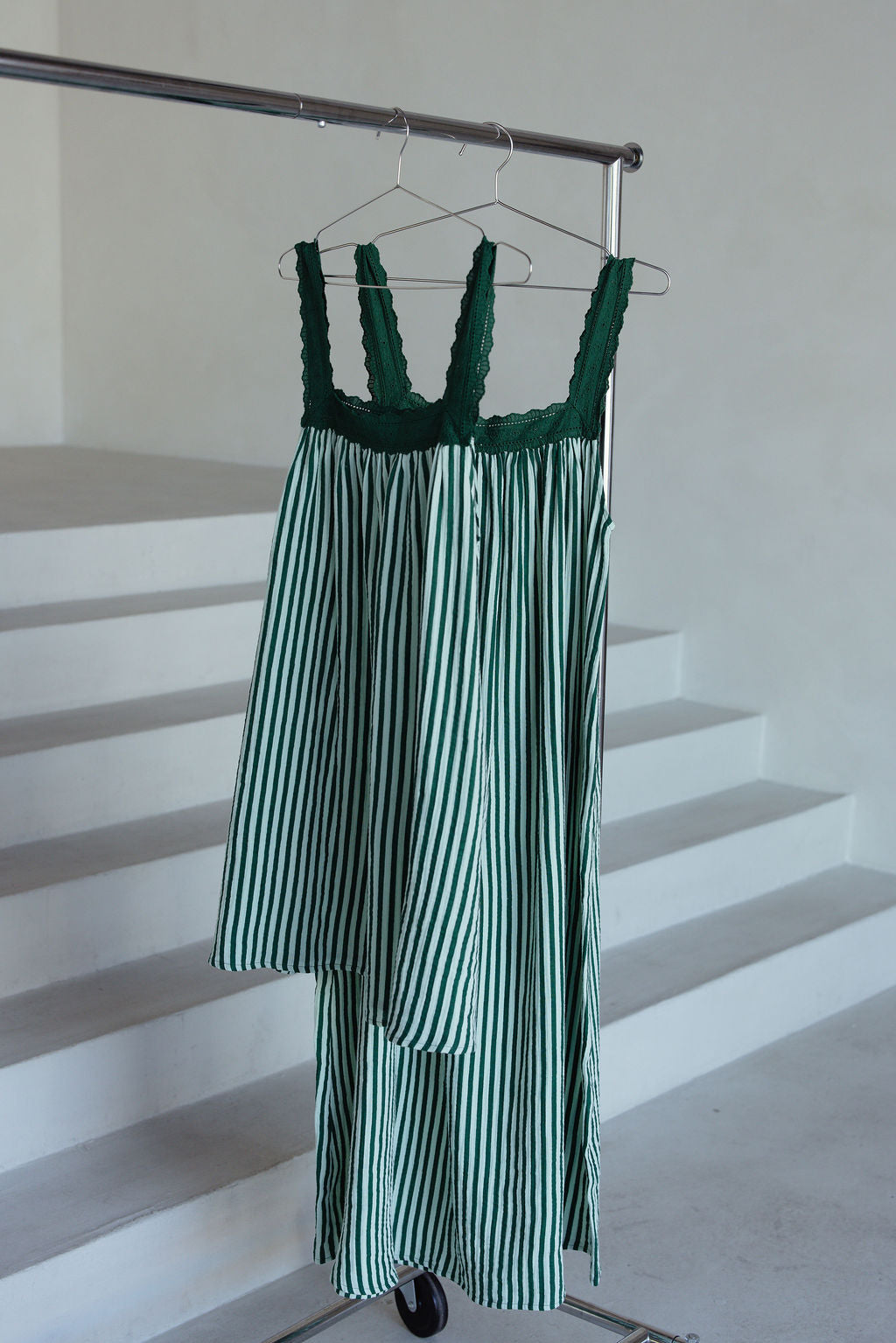 LADIES JUNO LACE NECK SLIP DRESS -  EMERALD STRIPE