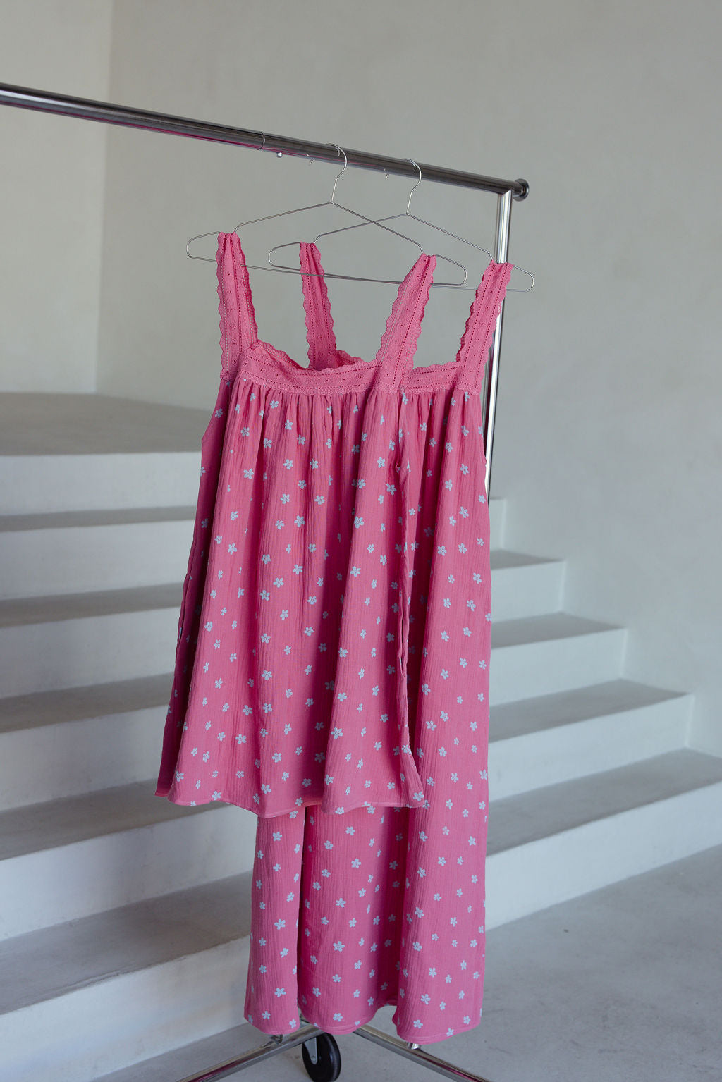 LADIES JUNO LACE NECK SLIP DRESS -  PINK FLORAL