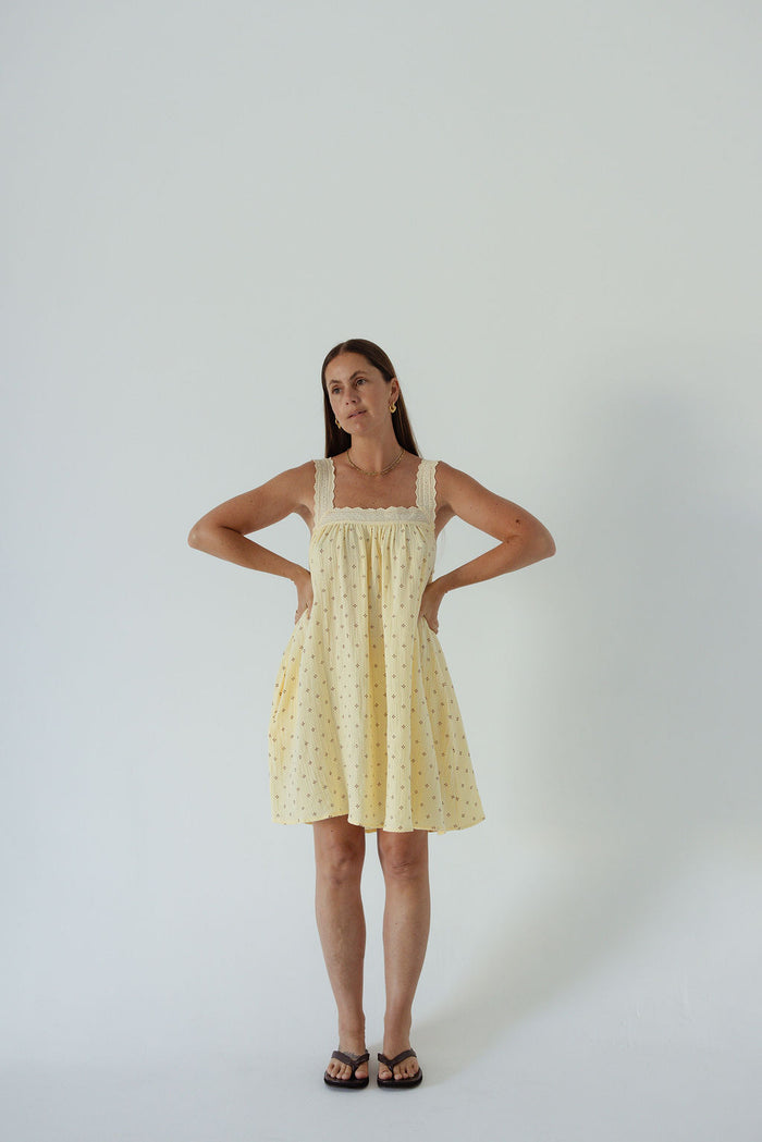LADIES JUNO LACE NECK MINI DRESS - BUTTER
