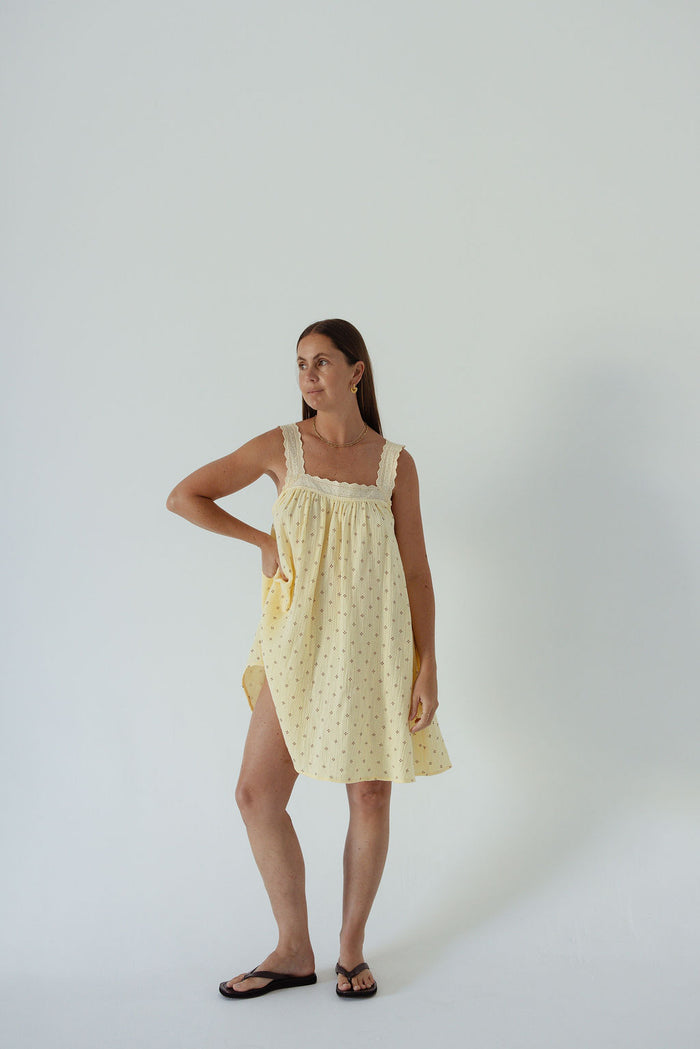 LADIES JUNO LACE NECK MINI DRESS - BUTTER