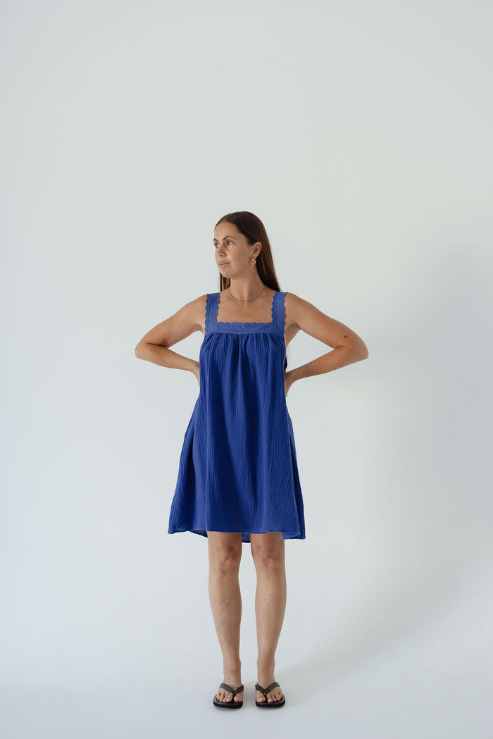 LADIES JUNO LACE NECK MINI DRESS - COBALT