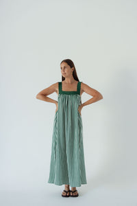 LADIES JUNO LACE NECK SLIP DRESS -  EMERALD STRIPE