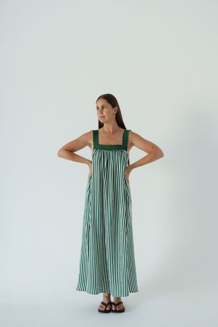LADIES JUNO LACE NECK SLIP DRESS -  EMERALD STRIPE