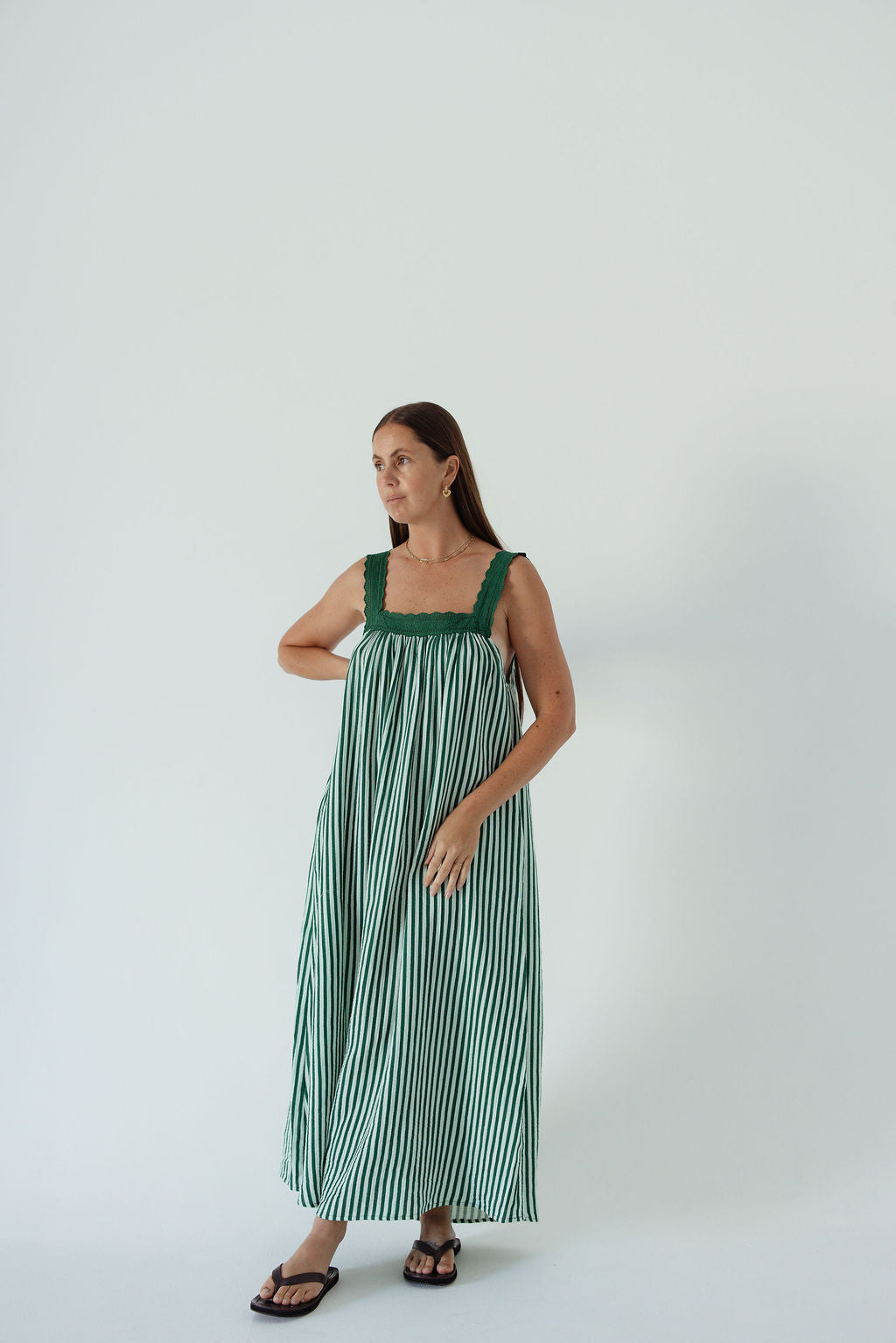 LADIES JUNO LACE NECK SLIP DRESS -  EMERALD STRIPE