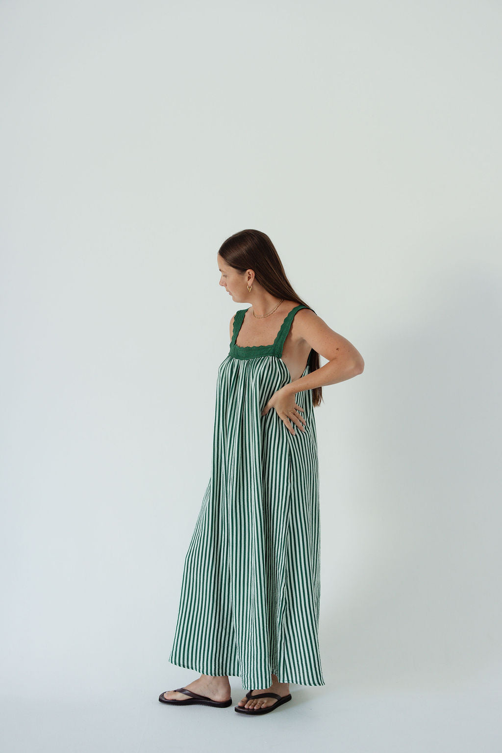 LADIES JUNO LACE NECK SLIP DRESS -  EMERALD STRIPE