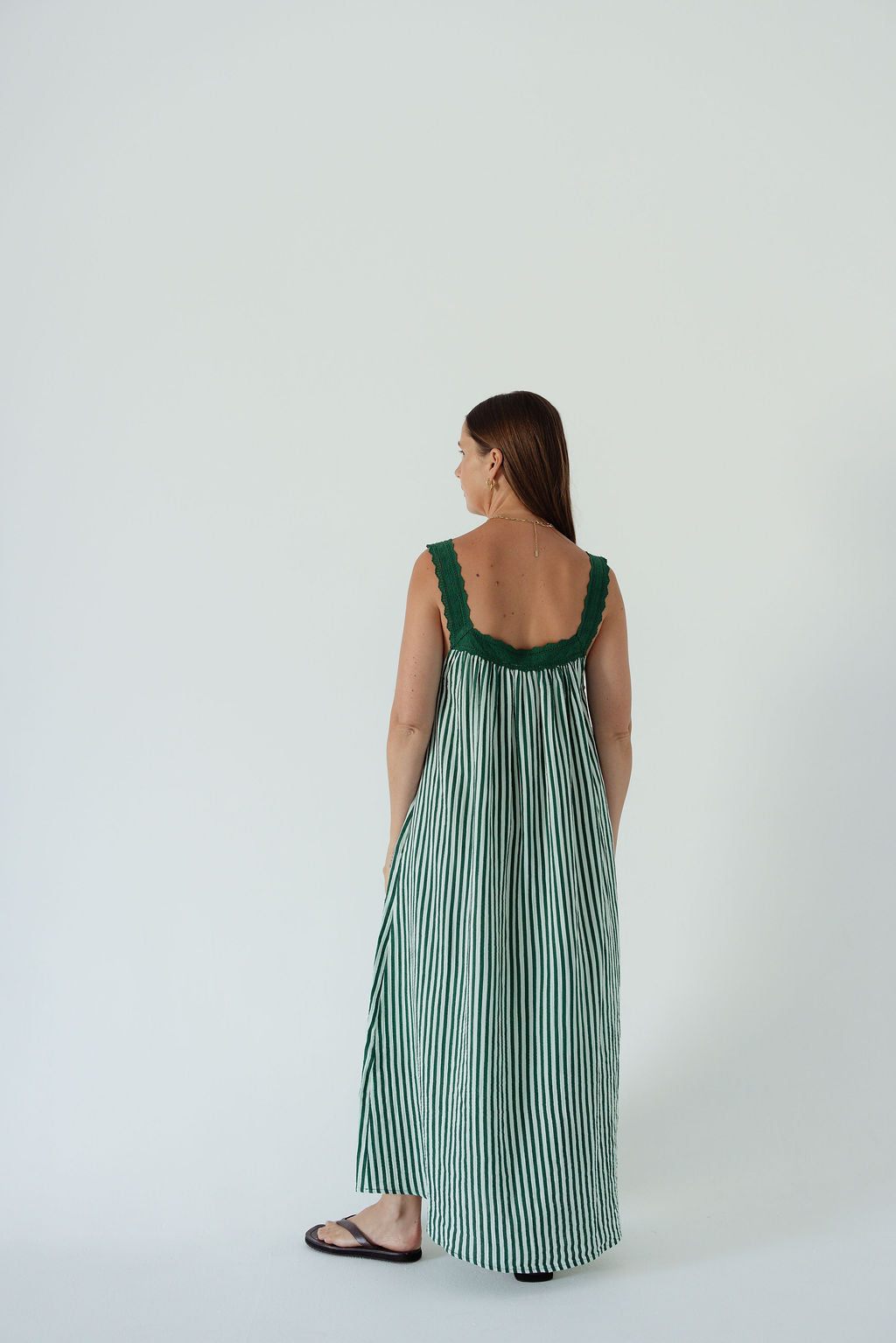 LADIES JUNO LACE NECK SLIP DRESS -  EMERALD STRIPE
