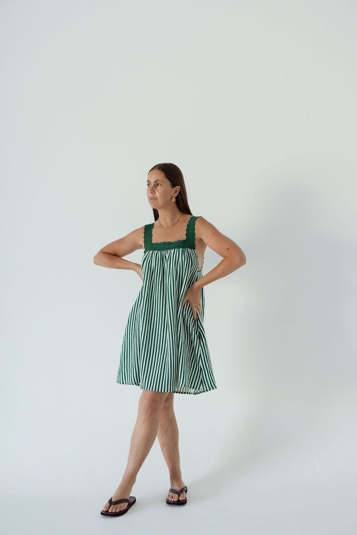 LADIES JUNO LACE NECK MINI DRESS - EMERALD STRIPE