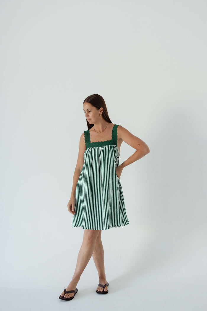 LADIES JUNO LACE NECK MINI DRESS - EMERALD STRIPE